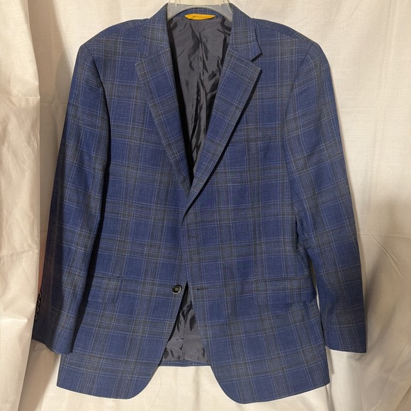 Hickey Freeman Sport Coat 44 Blue Plaid Ermenegildo Zegna Cloth Wool Silk Linen
